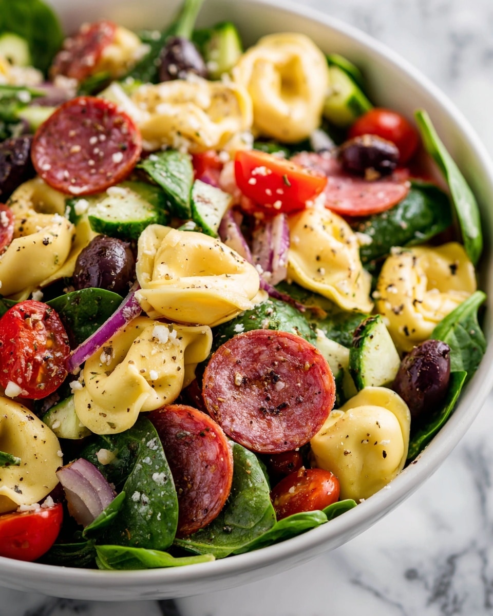 The image shows a close-up of a colorful pasta salad in a white bowl on a white marbled surface. The salad has multiple layers: the bottom layer is fresh green spinach leaves, topped with light yellow tortellini pasta with a smooth texture, some sprinkled with black pepper. Scattered throughout are round slices of red and white marbled salami, dark purple olives, bright red halved cherry tomatoes, small chunks of light green cucumber, and bits of white cheese sprinkled over the top, creating a mix of smooth, fresh, and slightly glossy textures. Photo taken with an iphone --ar 4:5 --v 7