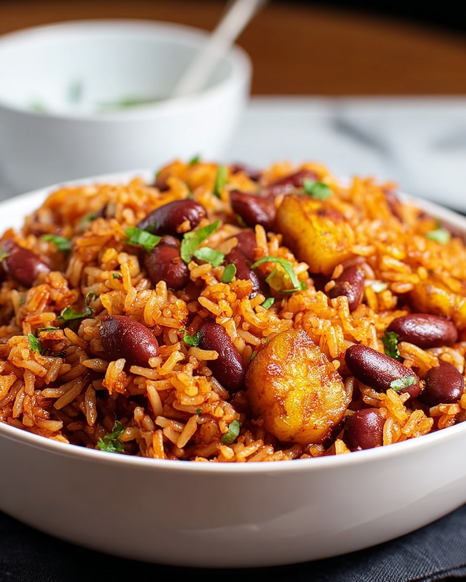 A close-up view of a white bowl filled with a single layer of cooked rice mixed with red kidney beans and small, golden-brown fried plantain chunks. The rice is orange-red in color, showing a spicy seasoning that coats each grain. The kidney beans are glossy and deep red, spread evenly through the rice. Small pieces of chopped green herbs are sprinkled on top, adding a touch of freshness. The bowl sits on a dark cloth with a blurred white bowl in the background, all placed on a white marbled textured surface. photo taken with an iphone --ar 4:5 --v 7
