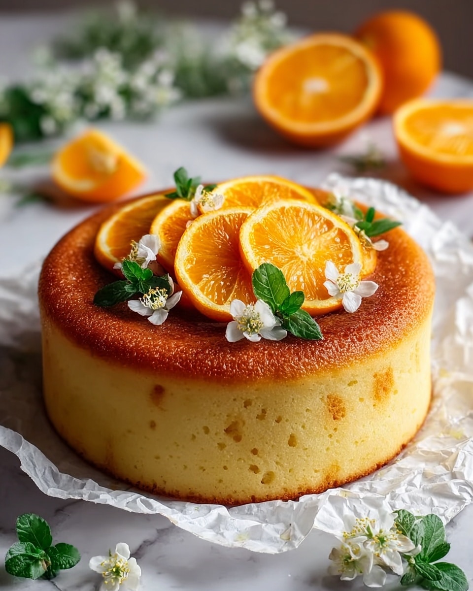 A single-layer round cake with a golden-brown top and light yellow sides sits on crumpled white paper, placed on a white marbled surface. The top layer is smooth and slightly shiny, with a few fresh, thin orange slices arranged in a small pile at the center. Around the orange slices are small white flowers with green leaves, some resting on the cake and some scattered on the paper around it. In the blurred background, there are halved oranges and more greenery adding a fresh look to the scene. Photo taken with an iphone --ar 4:5 --v 7