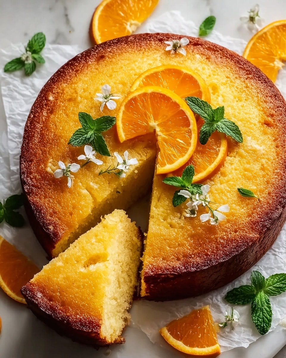 A round, single-layer orange cake with a moist, yellow inside and a golden brown crust sits on white parchment paper on a white marbled surface. The top of the cake is decorated with three thin, bright orange slices arranged in a small row near the center, along with small green mint leaves and tiny white flowers around them. One slice of the cake is cut and slightly pulled out, showing the soft texture inside. Around the cake, there are more orange slices and green mint leaves scattered. Photo taken with an iphone --ar 4:5 --v 7