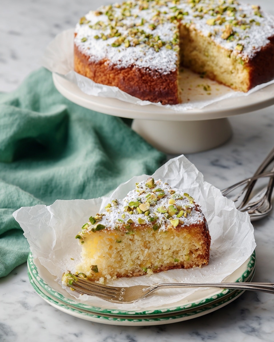 A slice of pistachio cake rests on a piece of crumpled parchment paper on a white plate with a green decorative edge. The cake has one thick golden-brown layer with a moist, crumbly light yellow inside. The top is dusted with powdered sugar and sprinkled with chopped pistachios, creating a textured green and white topping. A silver fork holds a small piece of the cake in front, showing the soft inside. In the background, the rest of the round cake sits on a white cake stand, also lined with parchment paper, showing the same golden-brown crust and green pistachio topping. The scene is set on a white marbled surface, with a soft green cloth and silver forks nearby. photo taken with an iphone --ar 4:5 --v 7