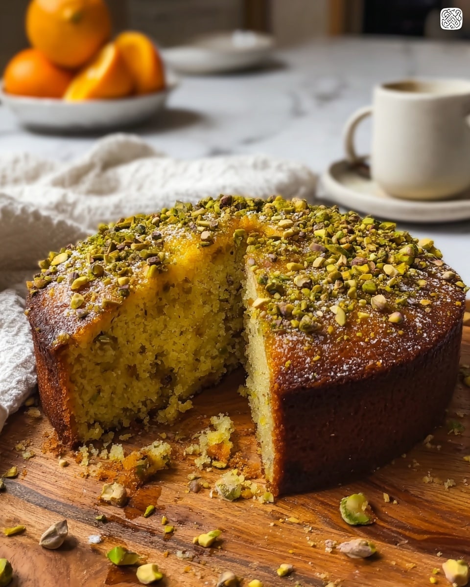 A round, two-layer cake with a brown crust and a crumbly, yellow interior sits on a wooden surface, with a slice cut out to show the soft inside dotted with small bits of nuts or fruits. The top of the cake is covered with chopped greenish pistachios scattered unevenly. Some crumbs and pistachios are scattered around the cake on the wooden surface. In the blurred background, a white cup, a white bowl, a white plate with halved oranges, and a white textured cloth can be seen against a white marbled texture surface. Photo taken with an iphone --ar 4:5 --v 7