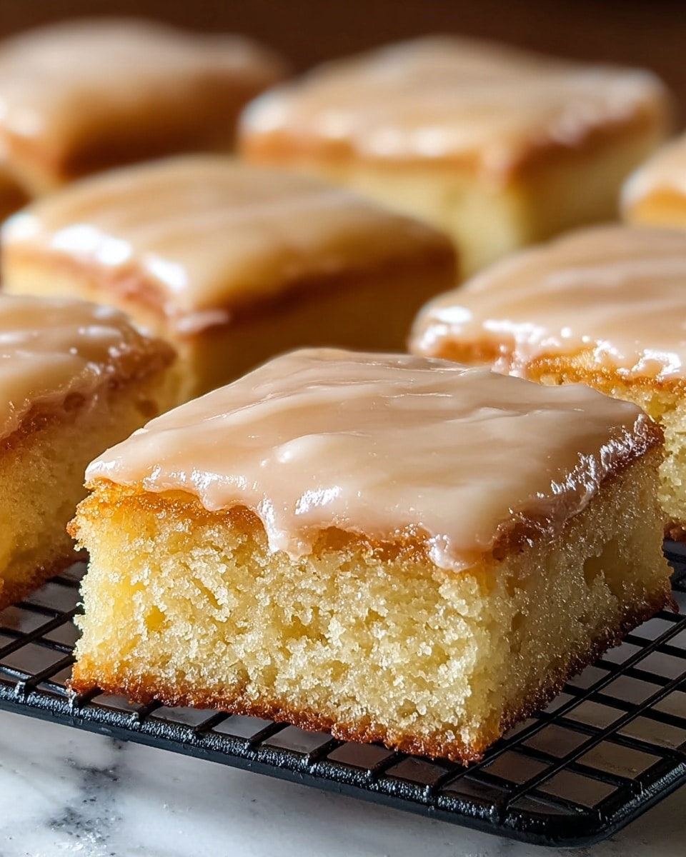 The image shows close-up square-shaped cake pieces placed on a black wire cooling rack, resting on a white marbled textured surface. Each cake piece has two visible layers: the bottom layer is a thick, moist, golden-yellow cake with a soft crumb texture, and the top layer is a smooth, shiny, light beige glaze that covers the entire surface of the cake evenly, creating a slightly glossy finish that catches the light. The edges of the cake are slightly browned, adding contrast to the soft interior and the smooth glaze on top. Photo taken with an iphone --ar 4:5 --v 7