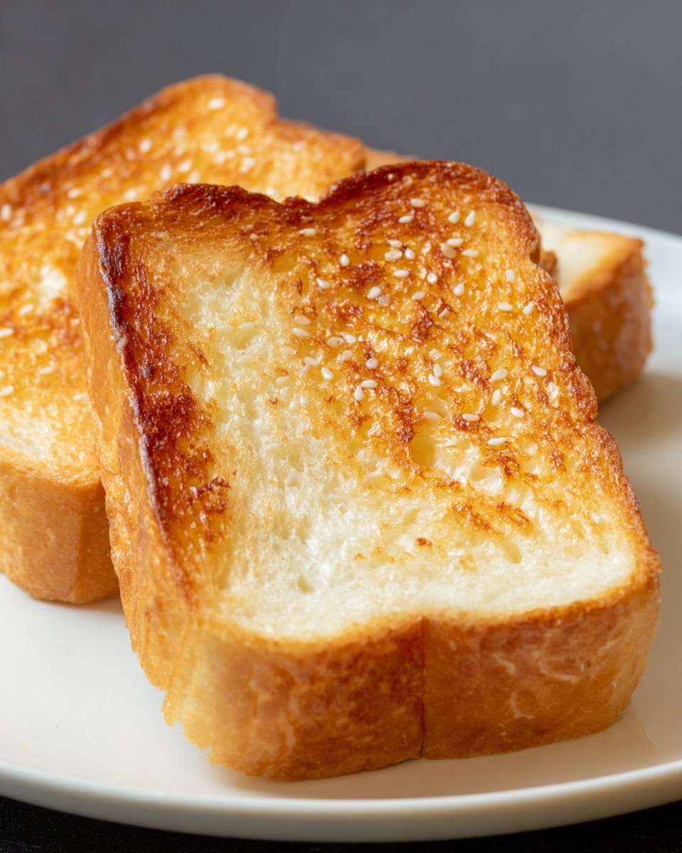 A close-up view of two toasted bread slices arranged on a white plate, each slice showing a thick, golden-brown crust with a crispy, slightly uneven texture on top, while the sides reveal soft, fluffy white bread with a few sesame seeds clinging to the edges. The background is a simple dark gradient contrasting with the vivid colors and textures of the toast. photo taken with an iphone --ar 4:5 --v 7