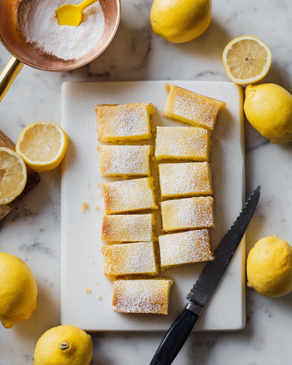 Eight rectangular lemon bars with a soft yellow color are arranged neatly on a white marble cutting board. Each bar is dusted with a light layer of white powdered sugar, adding a delicate texture on top. A serrated knife with a black handle lies to the right of the bars. Around the cutting board, whole and halved bright yellow lemons are placed, with the halved lemons showing a fresh, juicy interior. In the upper left corner, a copper bowl with a white powdery substance inside and a yellow handle reflection is visible, all set on a white marbled surface. Photo taken with an iphone --ar 4:5 --v 7