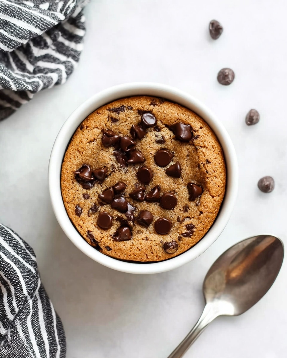 A close-up view of a white bowl filled with a baked chocolate chip dessert that has a golden brown crust. The dessert has one main layer that is thick and fluffy with pockets of melted chocolate chips throughout. On top, there is a light drizzle of a creamy, beige sauce. A spoon lifts a soft, moist chunk showing the texture inside with gooey chocolate chips. The bowl sits on a white marbled surface with scattered oats and chocolate chips around it. Photo taken with an iphone --ar 4:5 --v 7