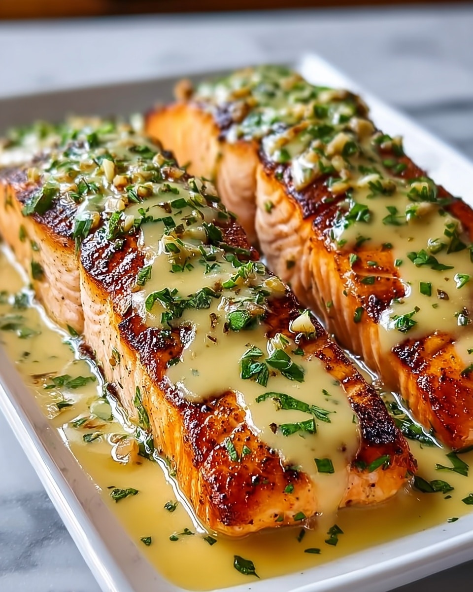 Two large grilled salmon fillets lie side by side on a white rectangular plate placed on a white marbled surface. Each fillet has a crispy, golden-brown outer layer with visible grill marks, topped with a creamy, light yellow sauce that covers the top and drips slightly down the sides. Small pieces of garlic and finely chopped green herbs are sprinkled evenly over the sauce and fish, adding pops of fresh green color. The sauce pools lightly around the base of the fillets, creating a shiny, rich look. Photo taken with an iphone --ar 4:5 --v 7