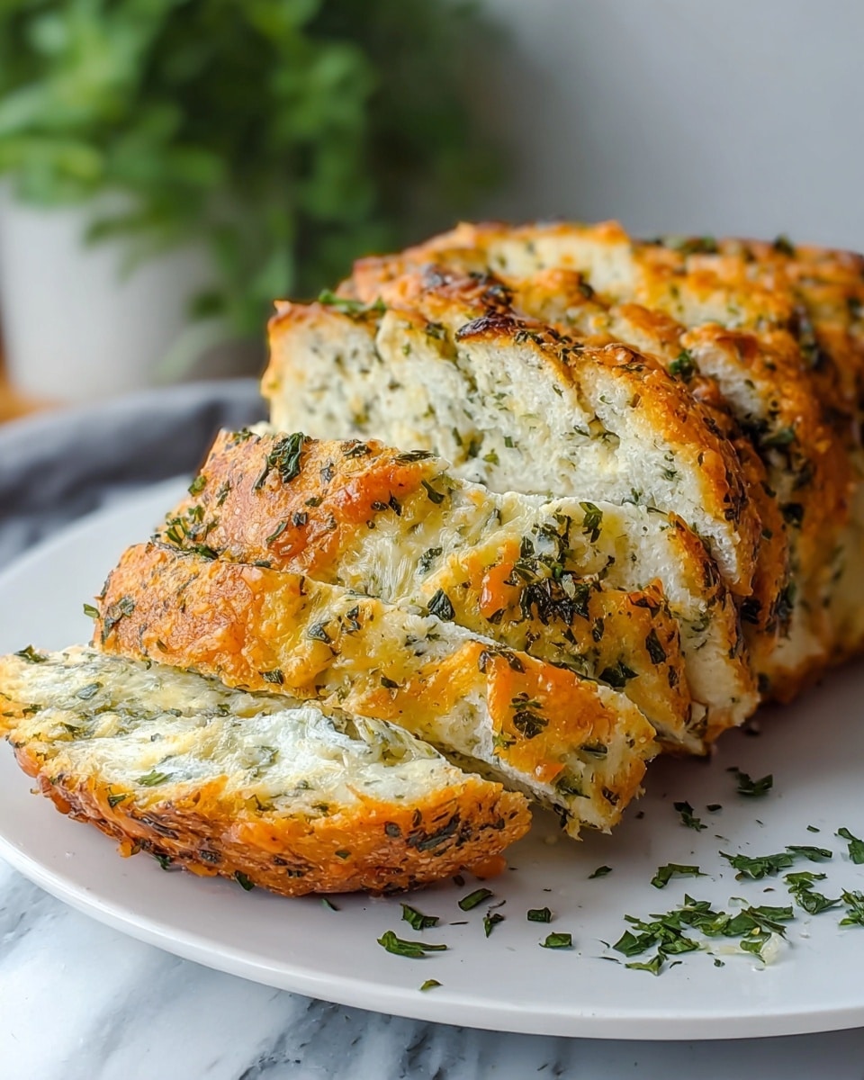 A close-up view of a sliced loaf of garlic and herb cheese bread on a white plate, placed on a white marbled surface. The bread has several layers: the bottom is a golden-brown crust, the middle is soft white bread mixed with green herbs, and the top layer is golden melted cheese sprinkled with more herbs, giving it a textured and slightly crispy look. Some chopped herbs are scattered around the plate, and the background shows a blurry green plant. photo taken with an iphone --ar 4:5 --v 7