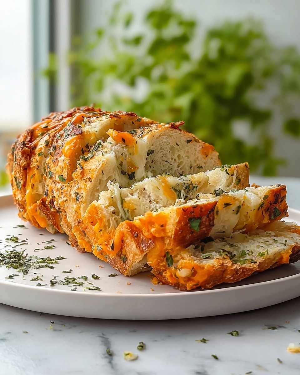 A loaf of cheesy garlic bread is sliced on a white plate sitting on a white marbled surface. The bread has four visible slices, each showing layers of golden brown crust with melted orange and white cheese oozing out, mixed with green herbs spread throughout the soft, light beige inside. Small herb flakes are scattered on the plate in front of the bread. In the background, there is a blurred green plant and a bright window. Photo taken with an iphone --ar 4:5 --v 7