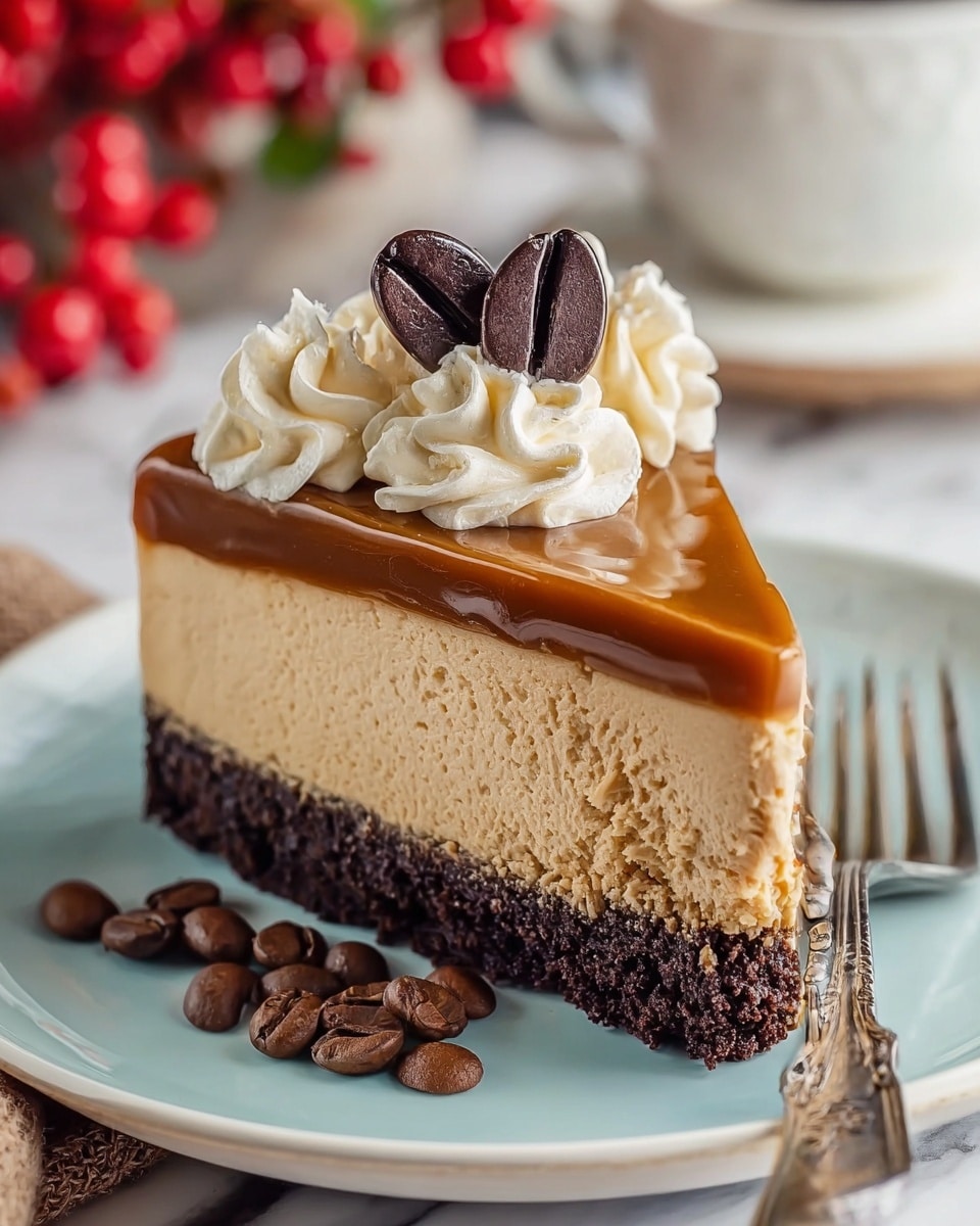 A slice of cheesecake with three layers is placed on a white plate with a light blue center. The bottom layer is dark brown and crumbly like a cookie crust, the middle layer is thick and creamy light tan, and the top layer is a smooth, shiny caramel brown. On top, there is a swirl of off-white whipped cream decorated with dark brown coffee beans and two glossy chocolate coffee bean shapes. The plate has several loose coffee beans on the side, and a silver fork lies next to the cake. The background shows a white marbled surface with soft, blurred items and red berries. photo taken with an iphone --ar 4:5 --v 7
