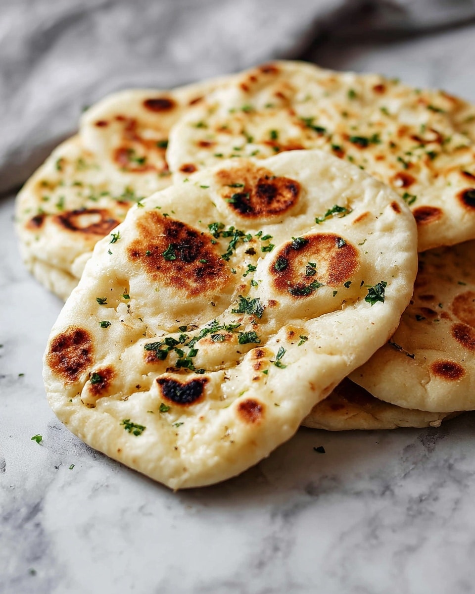 The image shows several pieces of flatbread stacked on a white marbled surface. The flatbreads are round and fluffy with a pale golden color and darker charred spots unevenly scattered on the surface. Each flatbread has a slightly puffy texture with small air pockets and is lightly sprinkled with chopped green herbs on top. The edges are soft and irregular with a light toasted color. Photo taken with an iphone --ar 4:5 --v 7