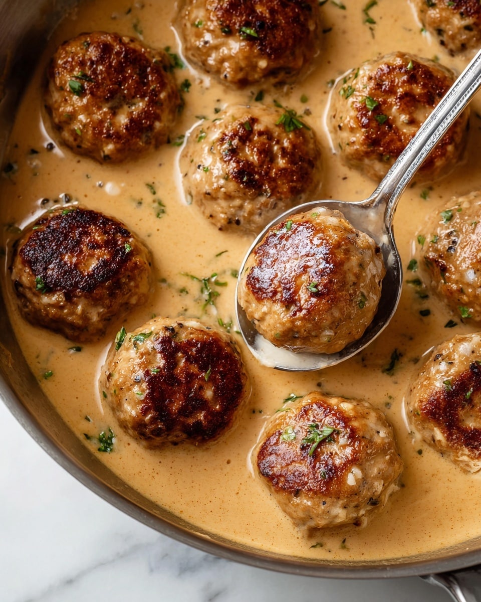 The image shows a close-up of browned meatballs cooking in a light brown, creamy sauce inside a metal pan. The meatballs are roughly oval and have a textured surface with some darker browned spots and small bits of herbs or seasoning visible. The sauce is smooth with a shiny appearance, partially covering the meatballs and pooling around them. A metal spoon with a reflective surface stirs or lifts one of the meatballs on the right side of the pan. The background is a white marbled texture. photo taken with an iphone --ar 4:5 --v 7