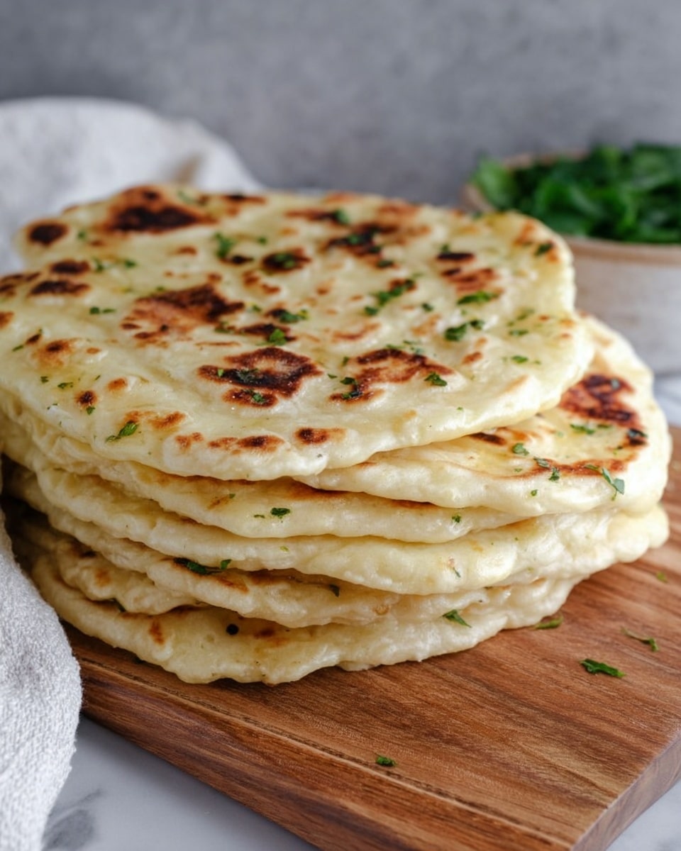 A stack of seven flatbreads with a slightly irregular round shape is shown, each layer light golden with some dark brown spots from cooking and small green herb flakes scattered on the surface. The flatbreads have a soft, slightly puffy texture and are stacked on a wooden board. In the background, there is a hint of green leaves in a bowl and a white cloth on a white marbled texture. Photo taken with an iphone --ar 4:5 --v 7