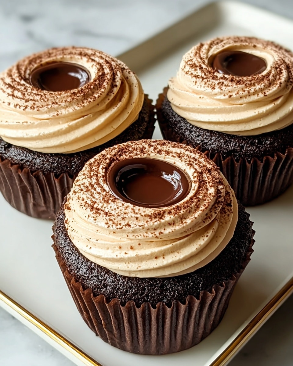 Three chocolate cupcakes sit on a white tray with a gold edge, placed on a white marbled surface. Each cupcake has a dark, rich chocolate base wrapped in brown paper liners. On top, there is a thick layer of light beige cream frosting that is swirled smoothly around the edge, forming a round well in the center filled with glossy dark chocolate ganache. The tops of the ganache and cream are dusted lightly with fine cocoa powder, adding a textured, speckled look. The cupcakes are close together, showing the smooth and rich textures clearly. photo taken with an iphone --ar 4:5 --v 7