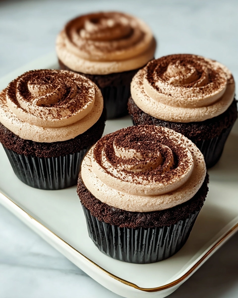 Four chocolate cupcakes sit closely together on a white rectangular plate with a gold edge, placed on a white marbled surface. Each cupcake has three visible layers: the bottom layer is a dark, moist chocolate cake in ridged black wrappers; the middle layer is a thick swirl of light brown, creamy frosting applied smoothly in a circular pattern; and the top layer is a dusting of fine dark cocoa powder fully covering the frosting's surface, creating a textured contrast. Photo taken with an iphone --ar 4:5 --v 7
