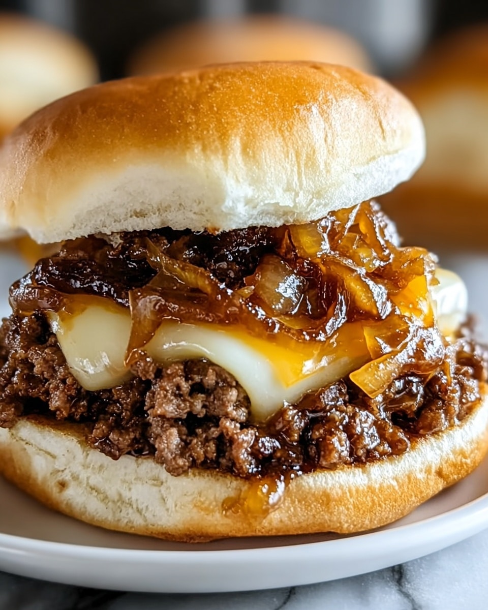 A close-up view of a sandwich with one white soft bun on top and one white soft bun on the bottom. Between the buns, there are three layers: the bottom layer is cooked ground meat with a dark brown color and juicy texture, the middle layer is melted light yellow cheese partially covered by meat, and the top layer features caramelized onion pieces that are shiny and golden brown. The sandwich sits on a white plate with a white marbled surface in the background. Photo taken with an iphone --ar 4:5 --v 7