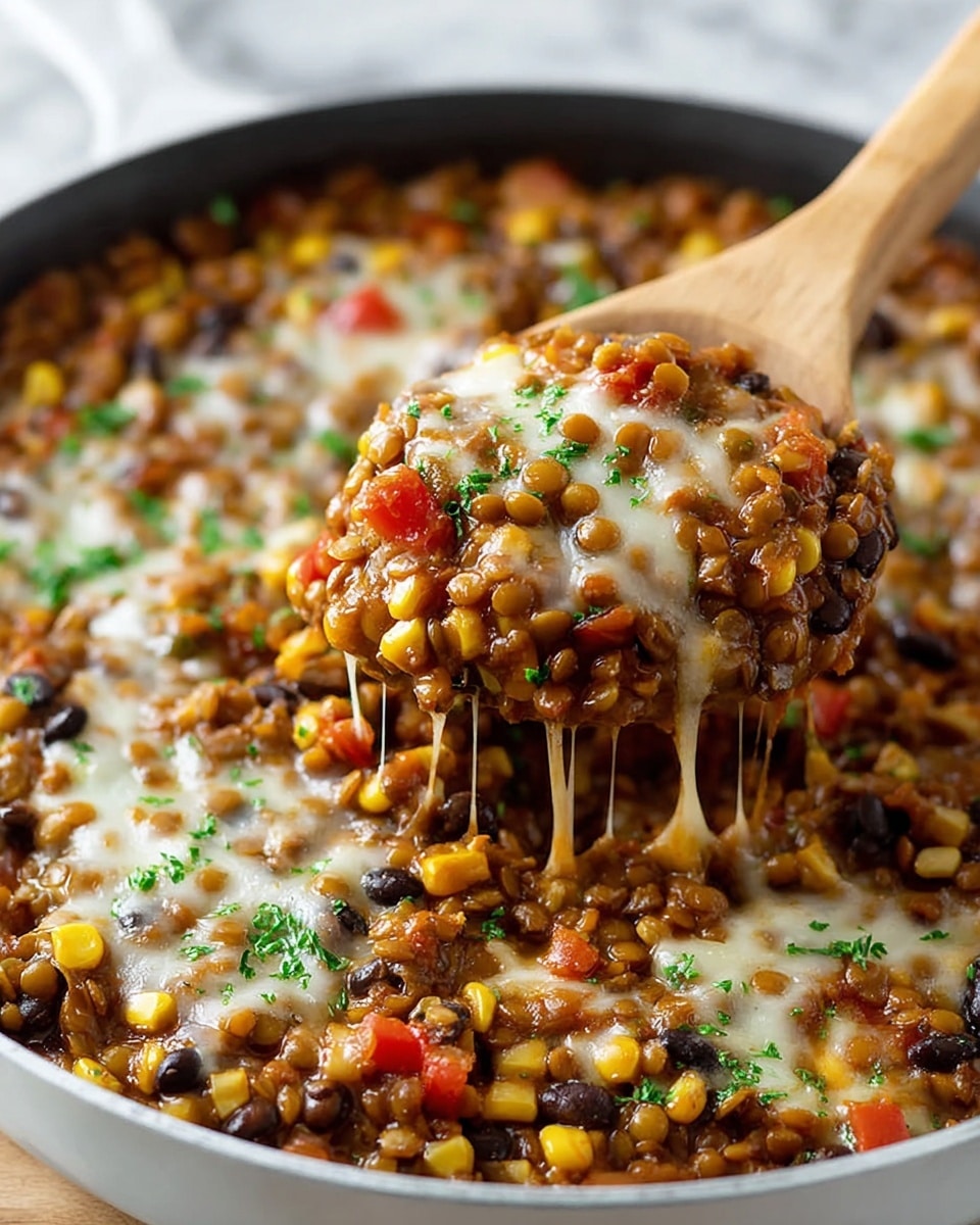 A close-up of a cooked lentil dish in a white pan, showing a mix of brown lentils, yellow corn kernels, black beans, and red bell pepper pieces. The dish has melted white cheese on top with small green chopped herbs sprinkled throughout. A wooden spoon is lifting a scoop of the dish, displaying the thick, hearty texture with cheese strings stretching down. The background is a white marbled surface. photo taken with an iphone --ar 4:5 --v 7