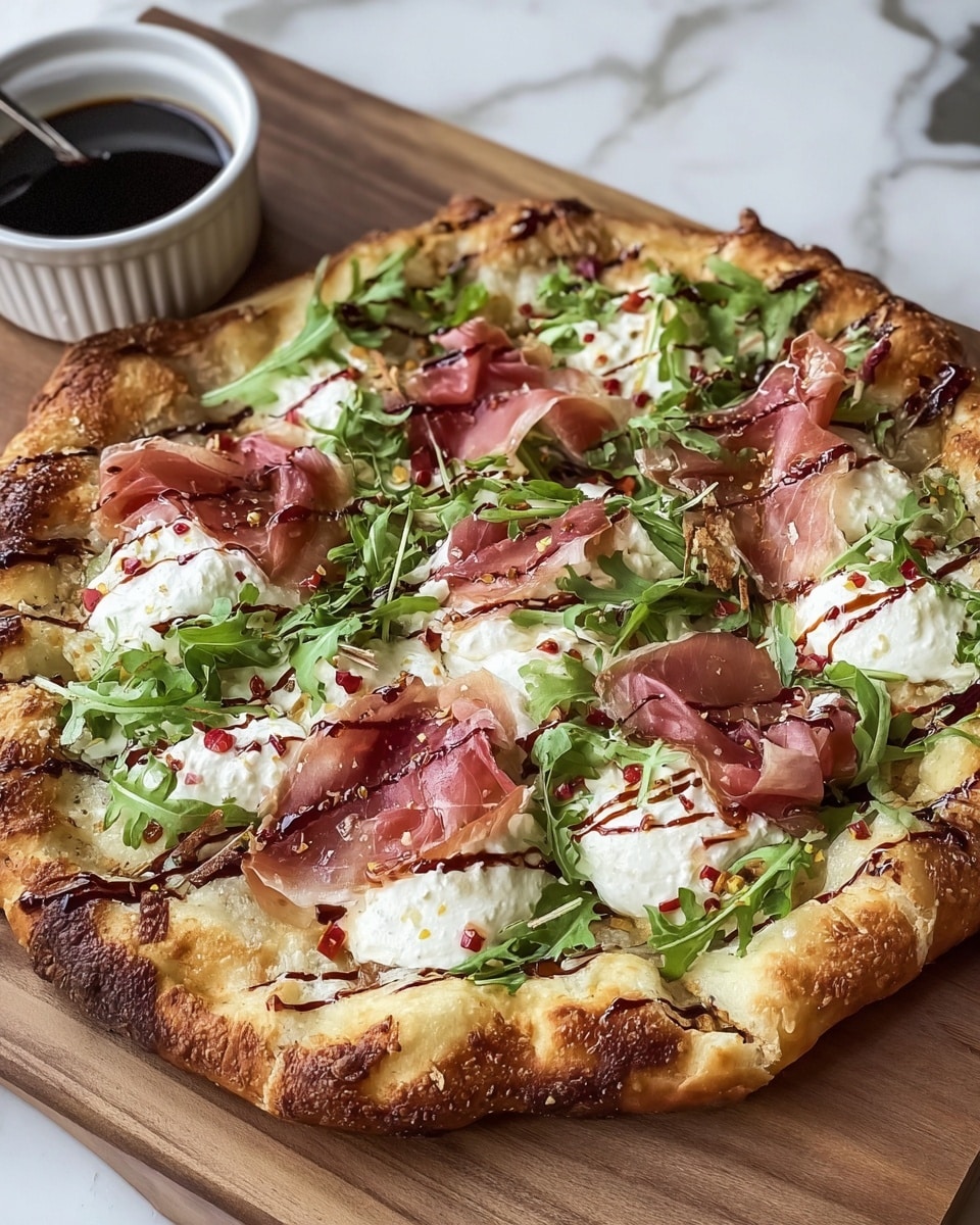 A rustic pizza with a thick, golden-brown crust that is slightly charred and bubbly around the edges, topped with large dollops of fluffy white ricotta cheese spread evenly across the surface, scattered fresh green arugula leaves, and thin, slightly translucent slices of reddish-pink prosciutto laid gently over the cheese. There are small flecks of red pepper flakes and a drizzle of a dark balsamic glaze adding texture and contrast throughout. The pizza sits on a wooden board, with a white ramekin filled with dark balsamic sauce beside it, all placed on a white marbled surface. photo taken with an iphone --ar 4:5 --v 7