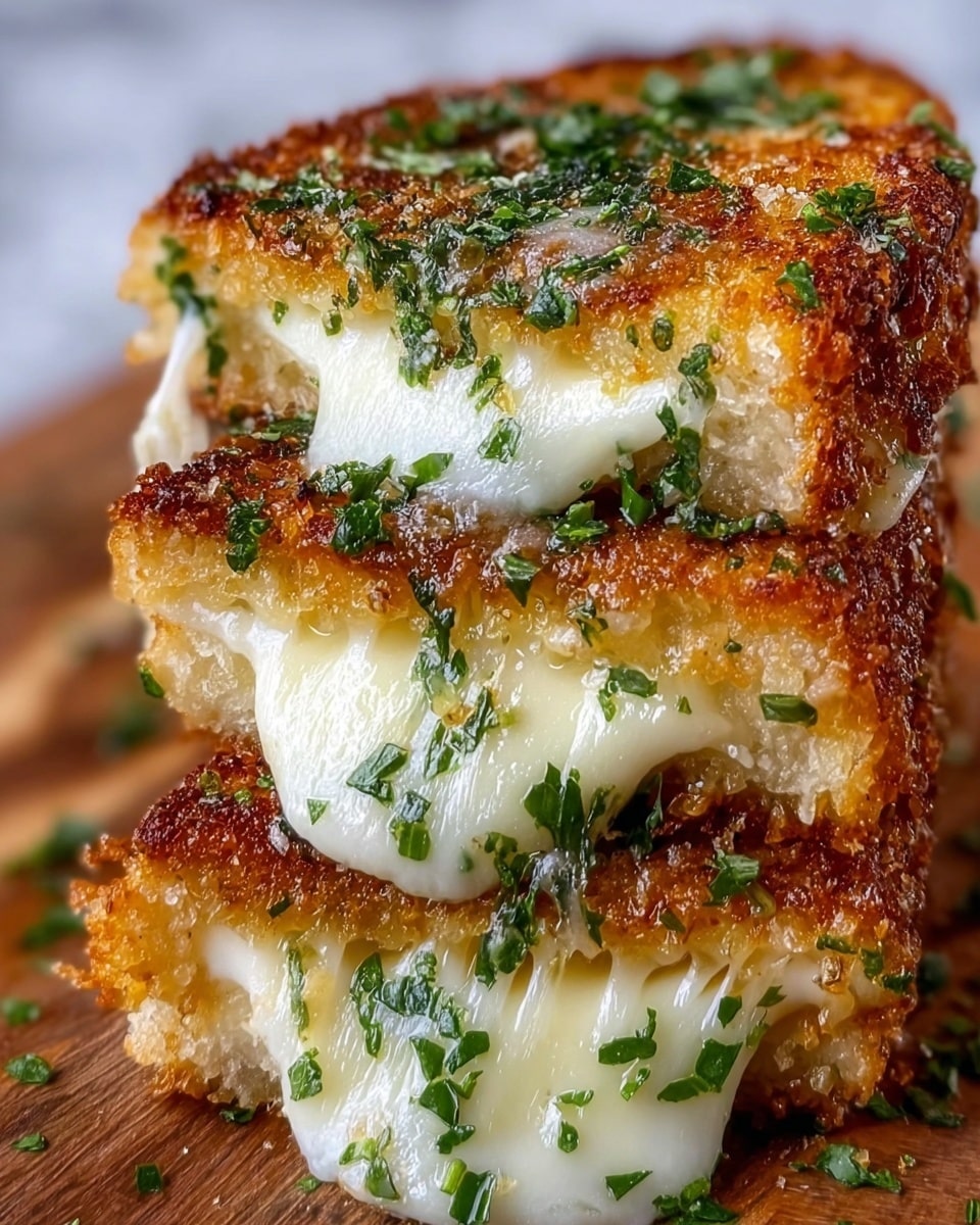 A close-up view of three stacked crispy golden-brown fried cheese slices, each layer showing gooey white melted cheese oozing out with small bits of green herbs sprinkled on top, giving a fresh contrast. The outer crust looks crunchy with browned edges, while the cheese inside is creamy and stretchy. The pieces are placed on a wooden surface with a white marbled texture in the background, highlighting the rich colors and textures of the dish. photo taken with an iphone --ar 4:5 --v 7