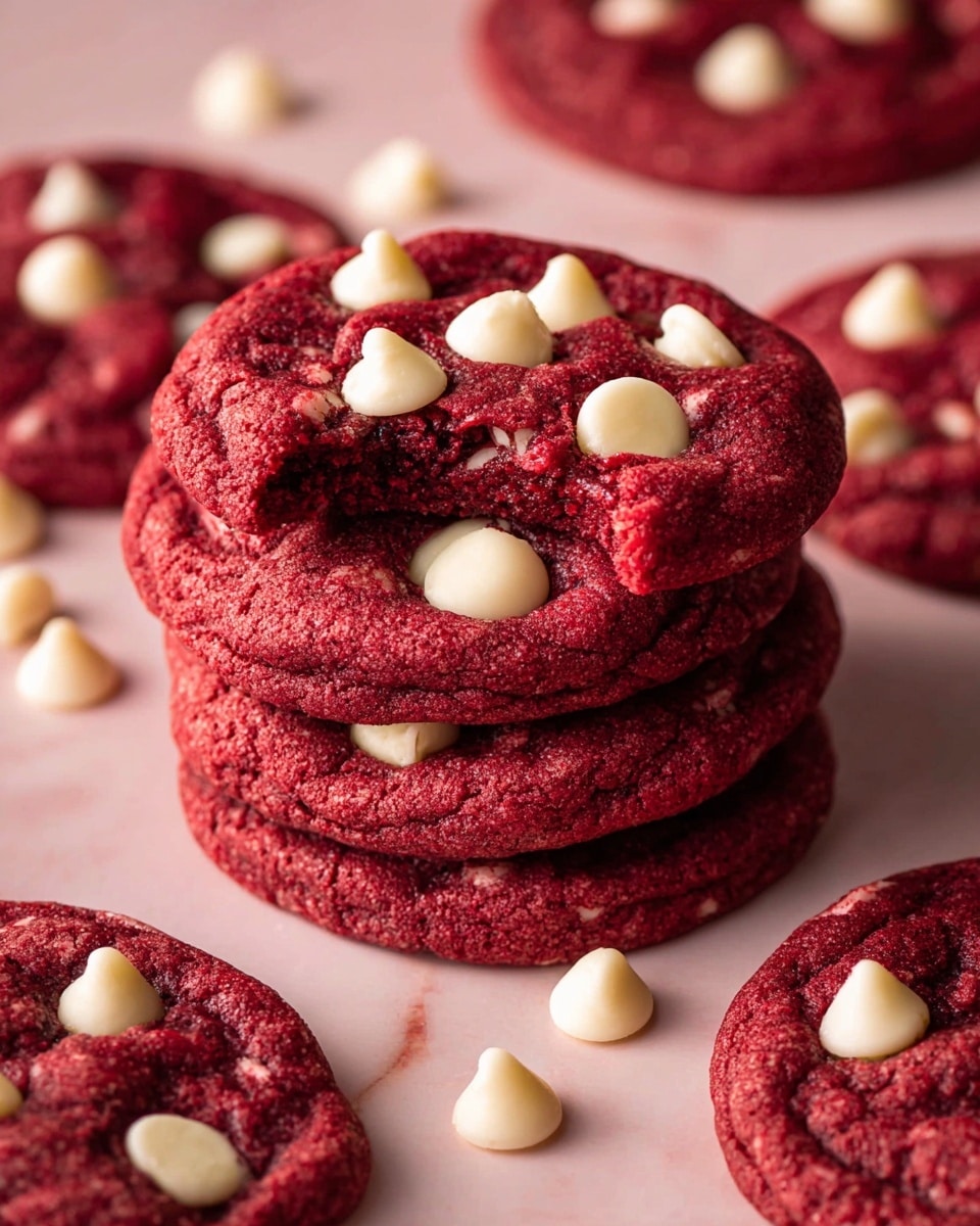 A stack of three deep red velvet cookies sits in the center, with the top cookie having a small bite taken out of it, revealing a soft, moist inside. Each cookie is round with a slightly cracked and textured surface, scattered generously with large, creamy white chocolate chips that stand out against the red background. Around the stack, several similar cookies lie flat, their color and chips matching perfectly, resting on a white marbled texture that brightens the scene. Some extra white chocolate chips are scattered casually on the surface, adding contrast and depth. photo taken with an iphone --ar 4:5 --v 7