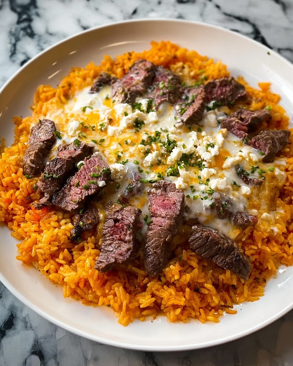 A close-up image of a dish showing three main layers: the bottom layer is orange seasoned rice spread evenly across a round white plate with subtle textured lines; the middle layer consists of medium-rare grilled steak pieces, arranged on top of the rice mostly around the edges with some in the center, showing a dark brown charred exterior and pink interior; the top layer is melted white and yellow cheese generously covering the center steak pieces, sprinkled lightly with chopped green herbs. The white marbled background contrasts softly with the vibrant colors of the food, and small bits of herbs are scattered on the plate edges. Photo taken with an iphone --ar 4:5 --v 7