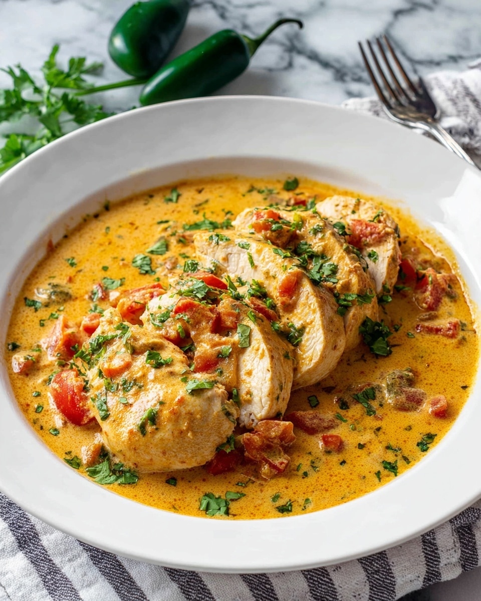 A white plate holds a creamy dish consisting of five slices of cooked chicken breast layered on top of each other in the center. The chicken is covered and surrounded by a thick, yellowish-orange sauce with visible small pieces of red tomatoes and green herbs mixed inside. The dish is topped with scattered fresh green parsley, adding a touch of color. The plate is set on a white marbled surface with a striped cloth beneath it. In the background, two dark green jalapeños and a silver fork can be seen. Photo taken with an iphone --ar 4:5 --v 7