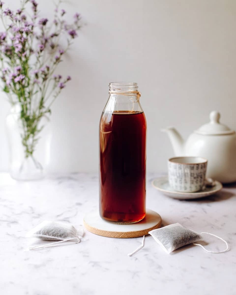 A tall, clear glass bottle filled with dark brown iced tea sits on a round white coaster at the center of a white marbled tabletop. Around the bottle are two white tea bags with strings and tags lying flat on the surface. In the background, there is a white ceramic teapot and a white cup with a subtle gray pattern, softly out of focus. Light purple flowers with green stems add a gentle touch behind the teapot, all set against a plain white wall. The scene is bright and simple, creating a calm and fresh feel. photo taken with an iphone --ar 4:5 --v 7