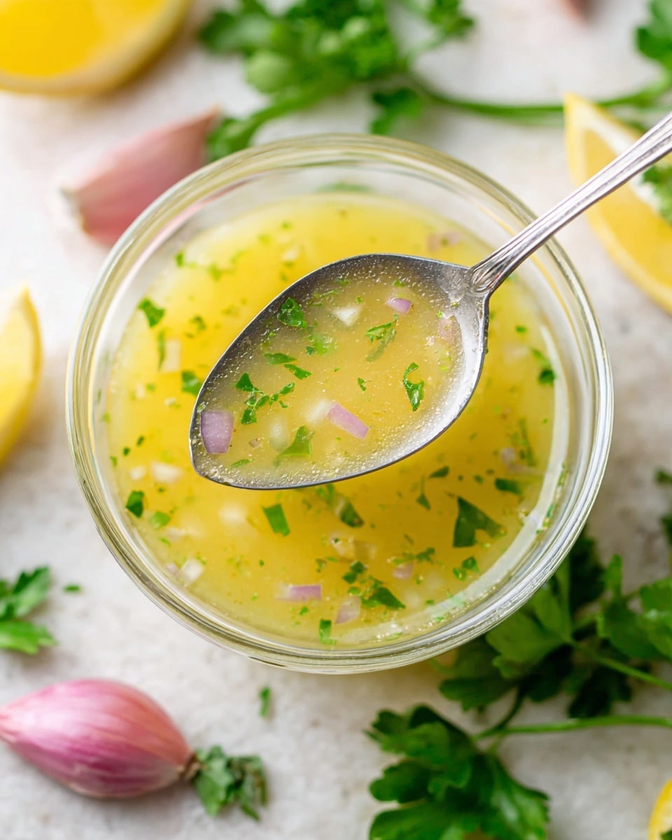A clear glass bowl sits on a white marbled surface filled with a light yellow sauce speckled with small green herbs and finely chopped translucent pieces, held in the middle by a silver spoon showing more of the sauce up close. Around the bowl, there are cut lemon halves showing their bright yellow flesh and pink shallots with smooth skin. Fresh green parsley leaves add a natural touch to the scene. The colors are fresh and vibrant, with the sauce looking smooth and slightly runny. photo taken with an iphone --ar 4:5 --v 7