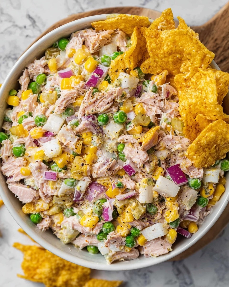 A white bowl filled with a colorful mixed salad showing about four main layers: shredded light pink tuna pieces scattered evenly throughout the dish; small bright green peas distributed across the salad; small cubes of yellow corn and white diced vegetables mixed in with finely chopped red onions and pickles adding purple and green specks; crumbled yellow corn chips resting on top and around the edges, with a few whole chips propped on one side. The salad looks creamy with visible black pepper sprinkled over, set on a piece of wood against a white marbled texture background. photo taken with an iphone --ar 4:5 --v 7
