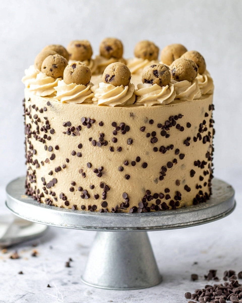 A tall round cake with three visible layers covered in smooth light brown frosting, fully coated on the sides with small dark brown chocolate chips. The top has a swirl border of creamy light brown frosting around the edge, holding evenly spaced small round balls of cookie dough with chocolate chips. The cake sits on a simple silver metal stand against a white marbled background, with scattered chocolate chips around the base. photo taken with an iphone --ar 4:5 --v 7
