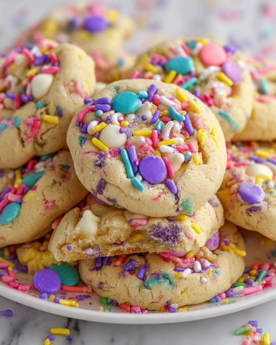 A close-up of a stack of four colorful cookies on a white marbled surface, each cookie thick and textured with a light golden-brown color. The cookies are decorated with bright sprinkles in yellow, pink, purple, blue, and white scattered all over the top and edges. The top cookie is broken in half, showing a soft, gooey white filling inside. Each cookie is dense with chunks of pink, blue, and white candies embedded in the dough. In the foreground, out-of-focus candy-coated chocolates in pastel colors lie scattered around. Photo taken with an iphone --ar 4:5 --v 7