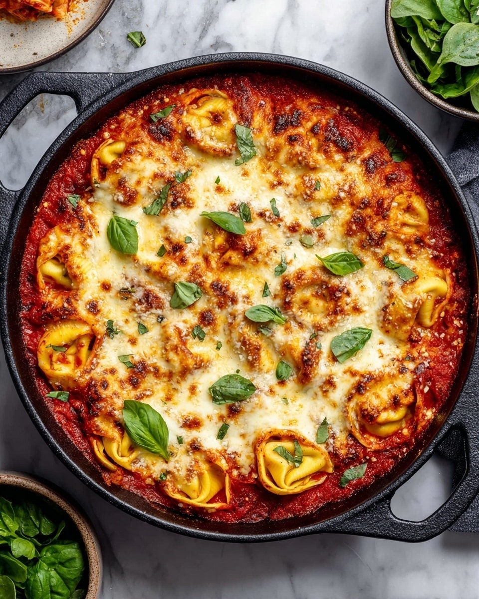 A round black cast iron pan is filled with a baked dish that has about three layers. The bottom layer is deep red tomato sauce spread evenly, covering the whole pan. On top of the sauce, there are stuffed pasta pieces that look golden yellow and soft, with some edges curled inside the sauce. The top layer is a thick spread of melted, slightly browned mozzarella cheese, which covers most of the pasta and sauce, with melted cheese bubbles and light brown spots. Fresh green basil leaves are scattered on top, adding contrast to the reds and whites. The pan sits on a white marbled surface with small bowls of fresh spinach and another small plate partially visible near the top edges. Photo taken with an iphone --ar 4:5 --v 7