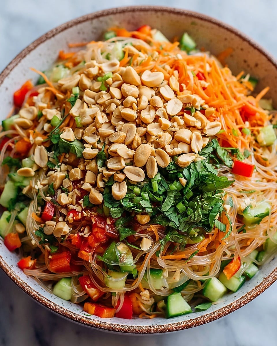 A bowl filled with a colorful noodle salad, showing several layers: the bottom layer has thin, translucent noodles; mixed throughout are small chopped pieces of green cucumber and red bell pepper, and thin orange carrot strips; bright green chopped herbs are scattered across the salad; the top layer is a generous amount of whole and crushed light brown peanuts. The bowl is white with a speckled texture and a brown rim, placed on a white marbled surface. photo taken with an iphone --ar 4:5 --v 7