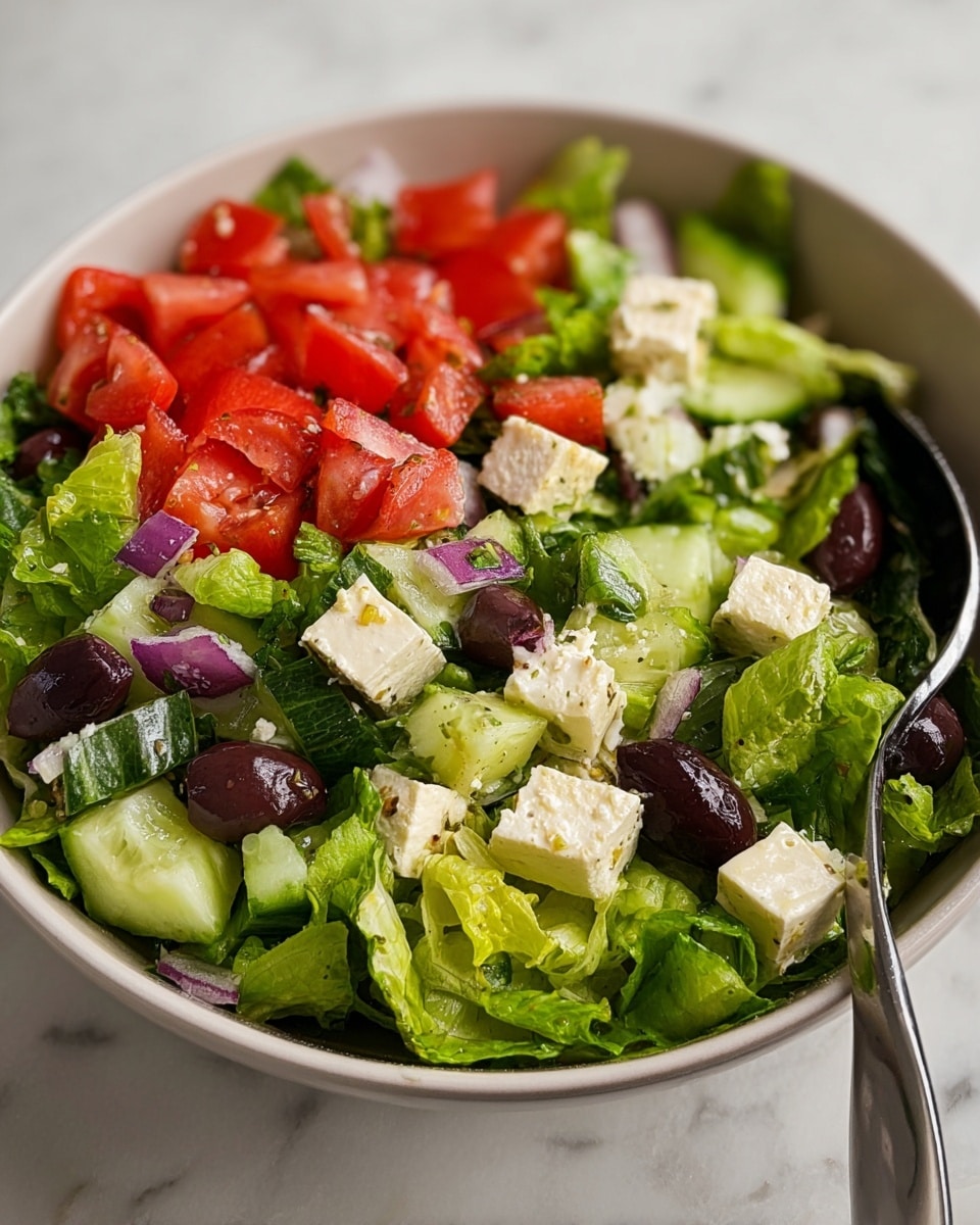 A close-up of a fresh salad in a white bowl, layered with bright green chopped lettuce at the bottom, followed by evenly cut cubes of red tomato, whitish cubes of feta cheese, black olives, and small pieces of cucumber, with some bits of purple onion scattered throughout, showing a mix of soft and crisp textures. A silver spoon is partially visible on one side of the bowl, resting among the salad. The bowl sits on a white marbled surface. photo taken with an iphone --ar 4:5 --v 7