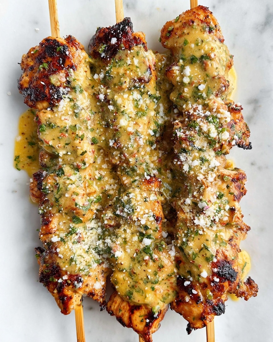 Four grilled chicken skewers are laid side by side on a white plate over a white marbled surface. Each skewer shows golden-brown chicken pieces with slightly charred edges, covered in a thick, creamy yellow sauce mixed with finely chopped green herbs and bits of garlic. The skewers are topped with a light sprinkling of grated white cheese, adding a slightly crumbly texture. The sauce looks glossy and rich, melting slightly over the chicken, creating a delicious, textured surface. Photo taken with an iphone --ar 4:5 --v 7