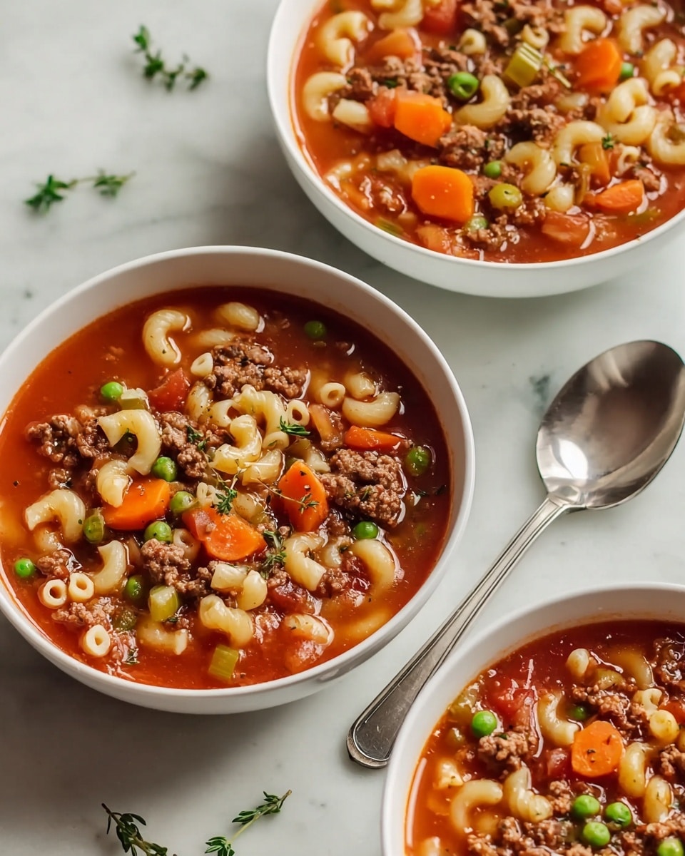 The image shows three white bowls filled with a hearty soup placed on a white marbled surface. Each bowl contains a rich tomato-based broth with visible layers of small curvy pasta in creamy beige, ground beef in brown, bright orange carrot slices, green peas, and bits of celery. The soup has a slightly thick texture with a mix of chunky vegetables and meat spread evenly throughout the bowls. A shiny silver spoon rests next to the nearest bowl, which is in clear focus, capturing the steam and warmth of the dish. Small green herb sprigs are scattered lightly around the bowls for decoration. Photo taken with an iphone --ar 4:5 --v 7