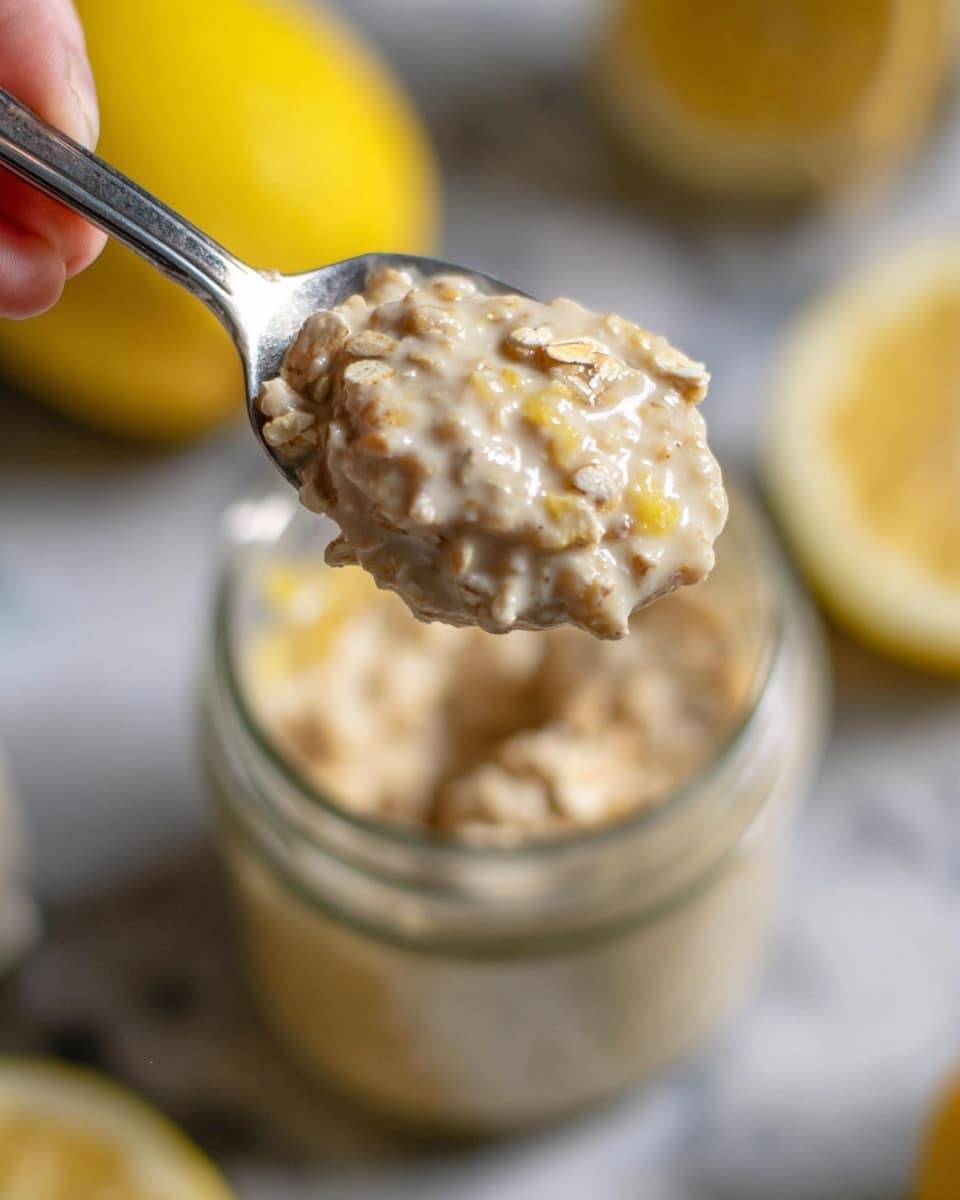 A close-up view of a spoonful of creamy oatmeal with visible oat flakes and a smooth, slightly glossy texture, showing a pale beige color mixed with small bits of oats. The spoon is held by a woman's hand, positioned above a blurred glass jar filled with the same oatmeal, all placed on a white marbled surface with blurred lemon halves in the background adding a soft yellow tone. photo taken with an iphone --ar 4:5 --v 7