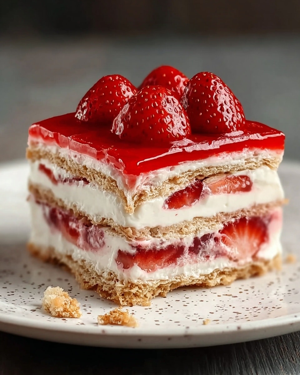 A square slice of layered dessert sits on a white speckled plate on a white marbled surface. The dessert has five layers: the top layer is bright red strawberry glaze with four whole shiny strawberries, below it is a thin white creamy layer, then a light brown crisp wafer layer, followed by a thick white creamy layer mixed with bright red strawberry chunks, and finally a bottom crisp wafer layer matching the third layer. Some crumbs are scattered near the base of the dessert. photo taken with an iphone --ar 4:5 --v 7