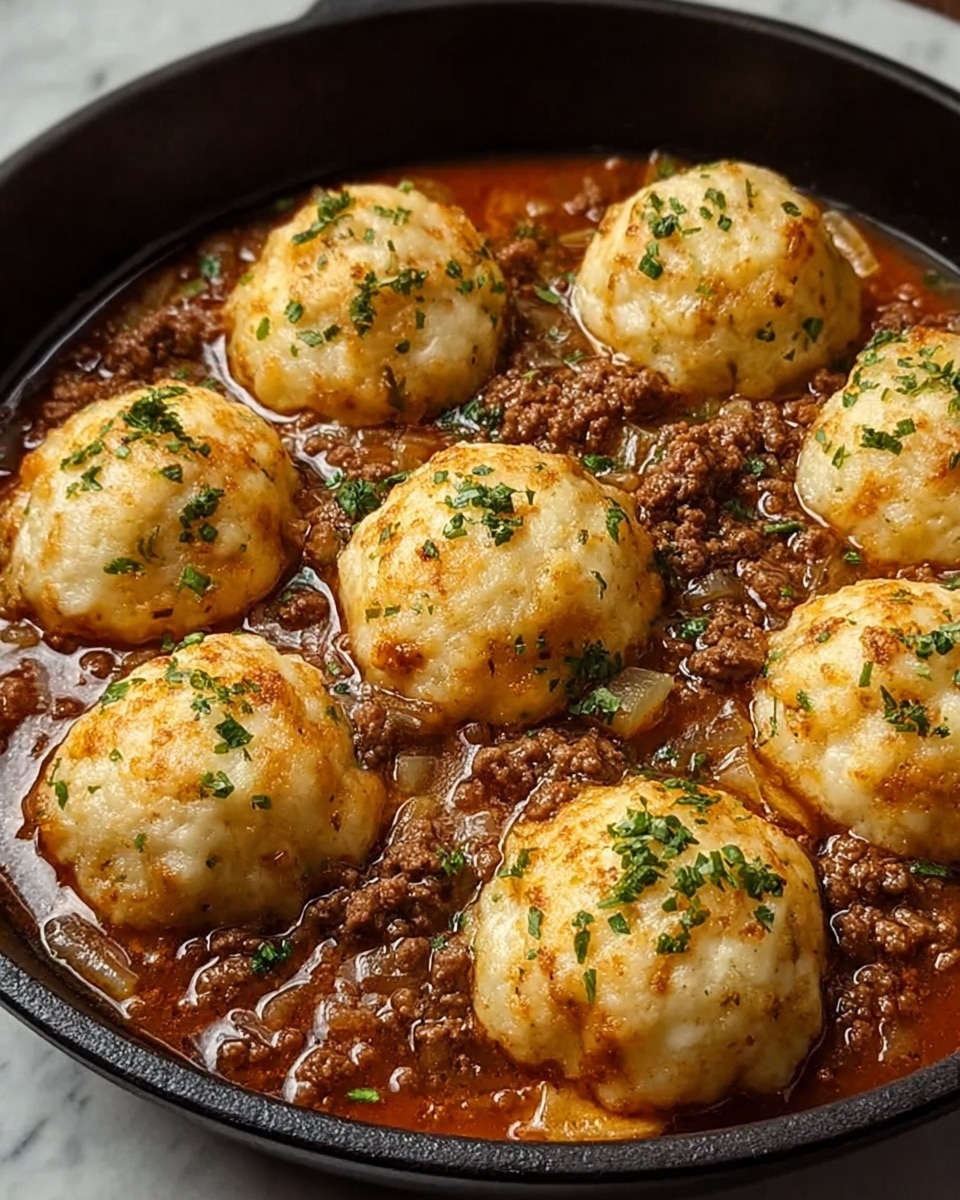 A black skillet filled with seven light golden biscuit-like dumplings, each slightly browned on top and sprinkled with small green herb pieces, floating in a rich reddish-brown stew. The stew contains crumbled browned ground meat with bits of translucent cooked onions and some green herbs spread throughout. The dumplings sit evenly spaced, contrasting the chunky texture of the meat and smooth sauce underneath. The skillet rests on a white marbled surface. photo taken with an iphone --ar 4:5 --v 7