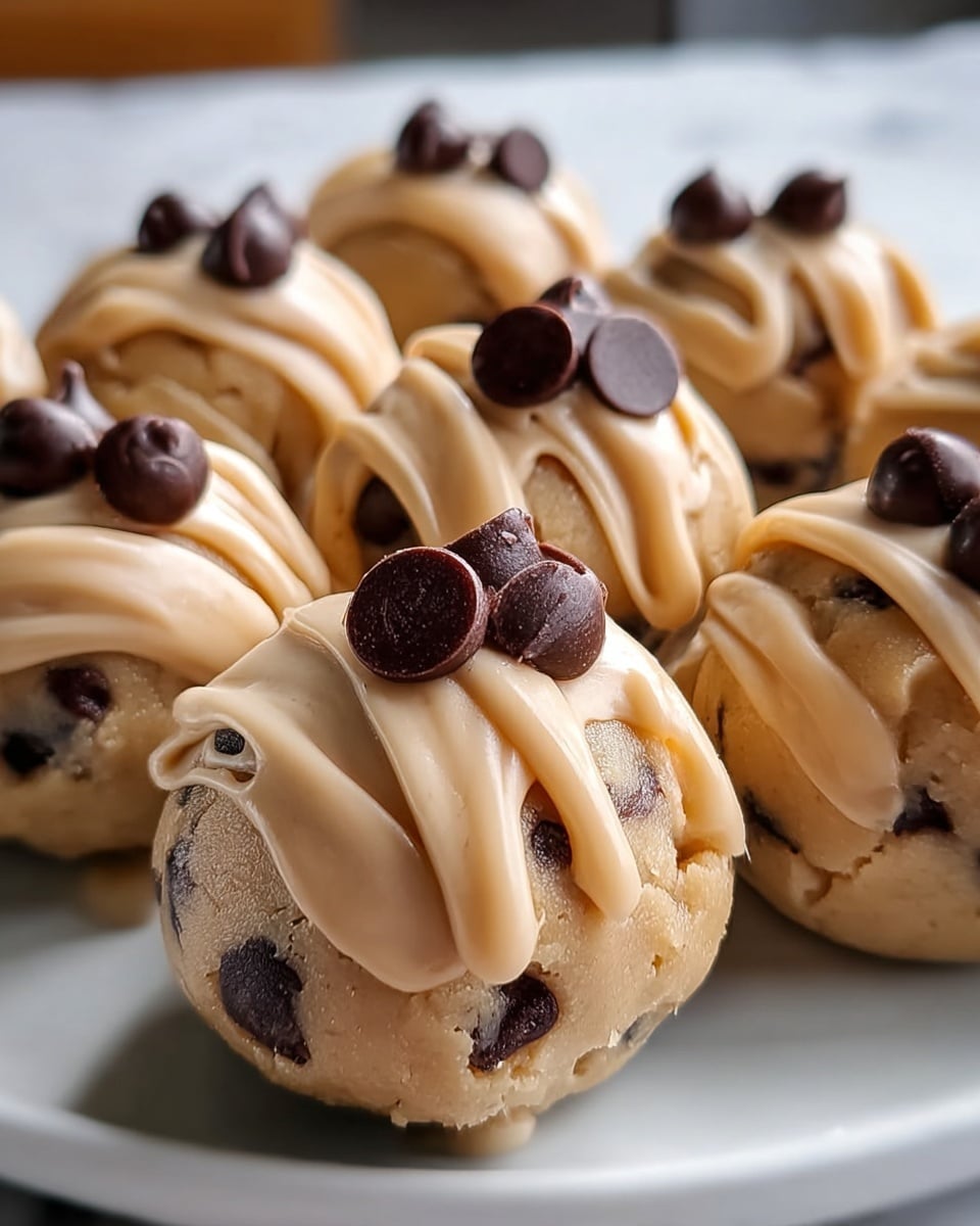 The image shows a close-up of round cookie dough balls on a white plate with a white marbled texture surface beneath. Each ball has three layers: the base is a light brown cookie dough with visible chocolate chunks, the second layer is a smooth, thick coat of light tan frosting drizzled unevenly around the dough, and the top layer consists of three glossy dark chocolate chips placed in different positions on each ball. The dough balls are packed closely on the plate, with a soft focus on the background. Photo taken with an iphone --ar 4:5 --v 7