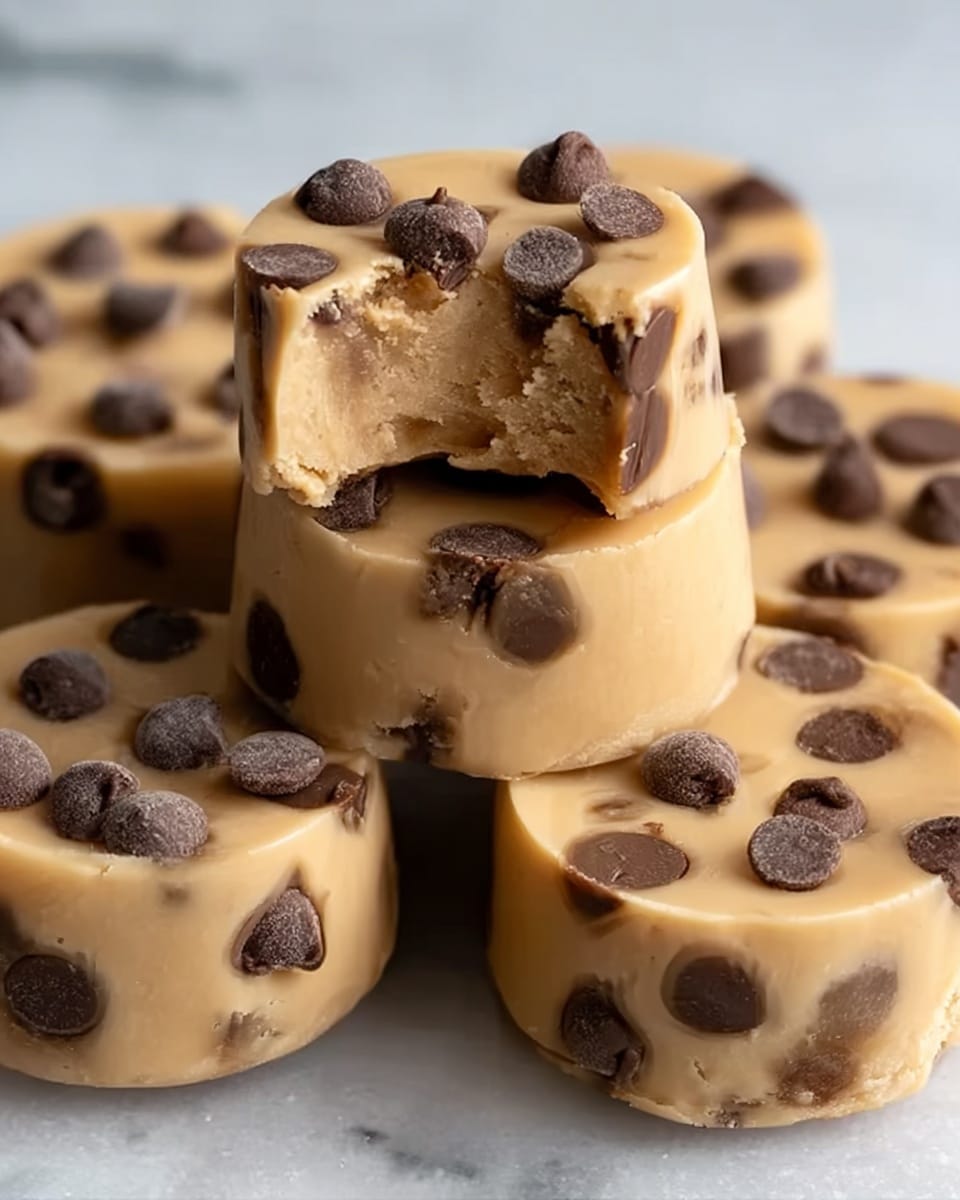 The image shows several round peanut butter-colored treats with smooth, creamy texture, dotted with dark brown chocolate chips both on the surface and inside. One treat is placed on top, with a bite taken out of it, revealing a soft, dense inside with an even layer of chocolate chips embedded throughout. The treats have a soft, slightly shiny look with chocolate chips creating contrast in color and adding texture. They are arranged on a white marbled surface, softly lit to highlight their creamy and rich appearance. Photo taken with an iphone --ar 4:5 --v 7