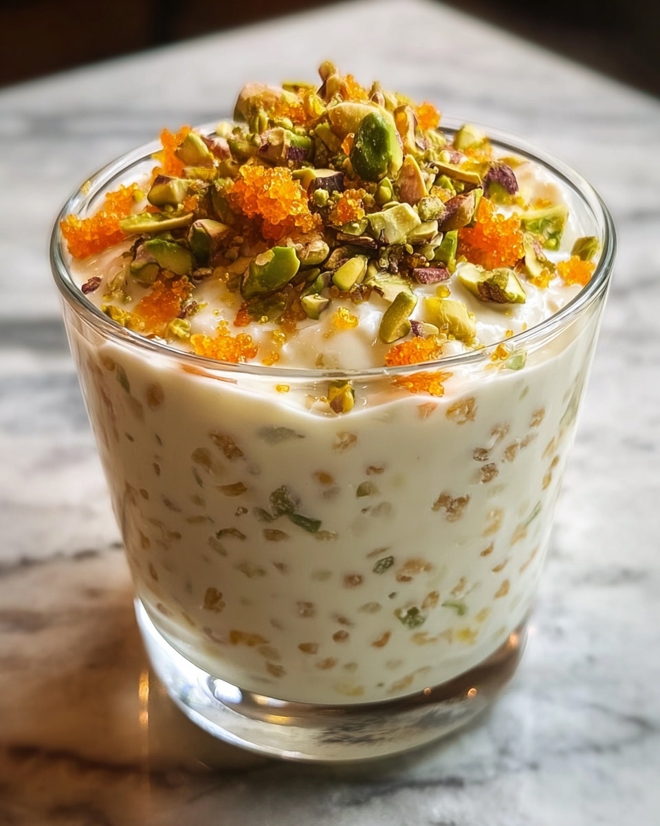 A clear glass cup filled with a creamy mixture dotted with small beige grains, showing a thick, smooth texture. On top, there is a layer of chopped green pistachios mixed with small, bright orange crumb-like pieces, adding a rough texture and vibrant color contrast. The glass sits on a white marbled surface with soft natural light highlighting the creaminess and the textures of the garnish. photo taken with an iphone --ar 4:5 --v 7