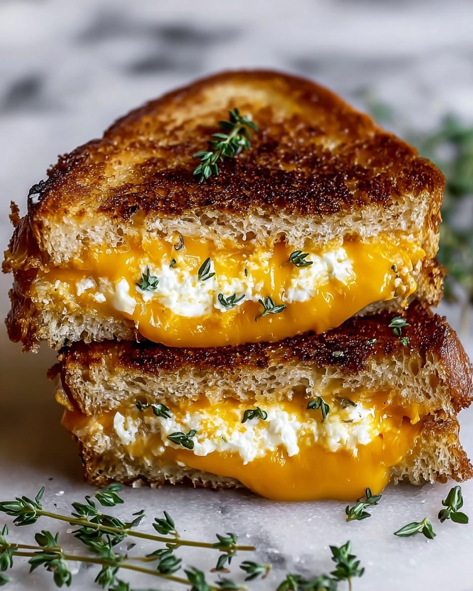 A close-up of a grilled cheese sandwich cut in half and stacked, showing two thick slices of golden-brown toasted bread with a slightly charred, crispy texture on the outside. Inside, there are two layers of melted cheddar cheese with a rich orange color, combined with a layer of soft, white, creamy cheese mixed with small green herb leaves, likely thyme. The sandwich sits on a white marbled surface with small sprigs of fresh thyme around it. Photo taken with an iphone --ar 4:5 --v 7