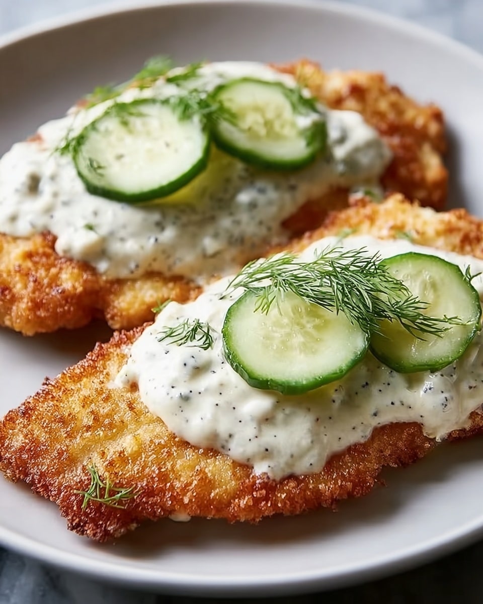 Two pieces of golden brown fried fish fillets lie flat on a white plate with a white marbled texture underneath. Each fillet is topped with a thick layer of white creamy sauce dotted with black pepper, which has a slightly lumpy texture. On the sauce, there are two or three thin, round cucumber slices with light green centers and dark green edges. One fillet also has a small sprig of fresh green dill placed on the sauce. The crispy edges of the fish add texture and contrast to the smooth sauce and fresh cucumber. Photo taken with an iphone --ar 4:5 --v 7