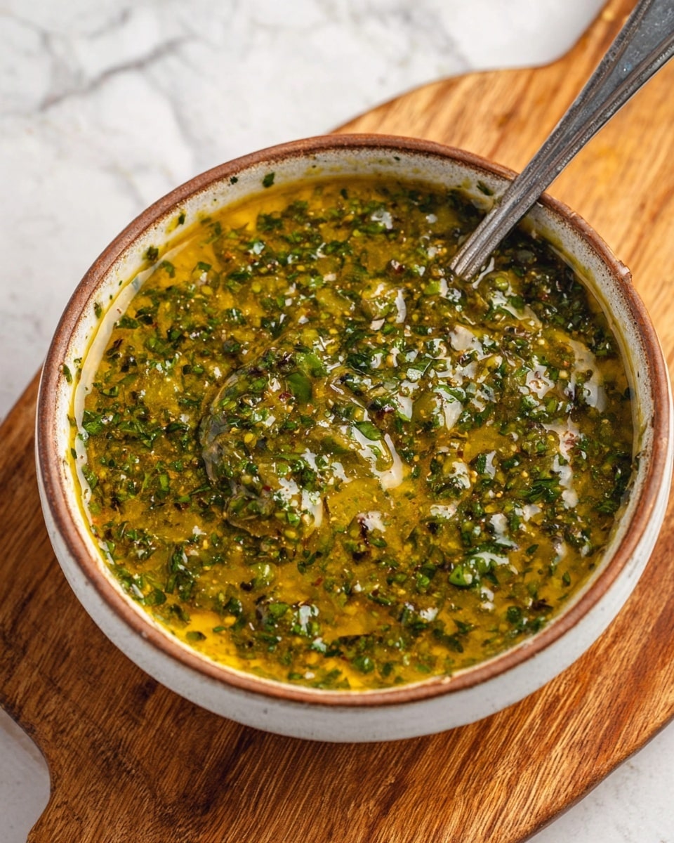A close-up view of a single layer of thick sauce in a round white ceramic bowl with a brown rim, sitting on a wooden board. The sauce is greenish-yellow with visible small green herb pieces spread throughout, giving it a textured appearance. A silver spoon rests inside the bowl, partially covered by the sauce, showing some of the sauce clinging to its surface. The background has a white marbled texture. photo taken with an iphone --ar 4:5 --v 7