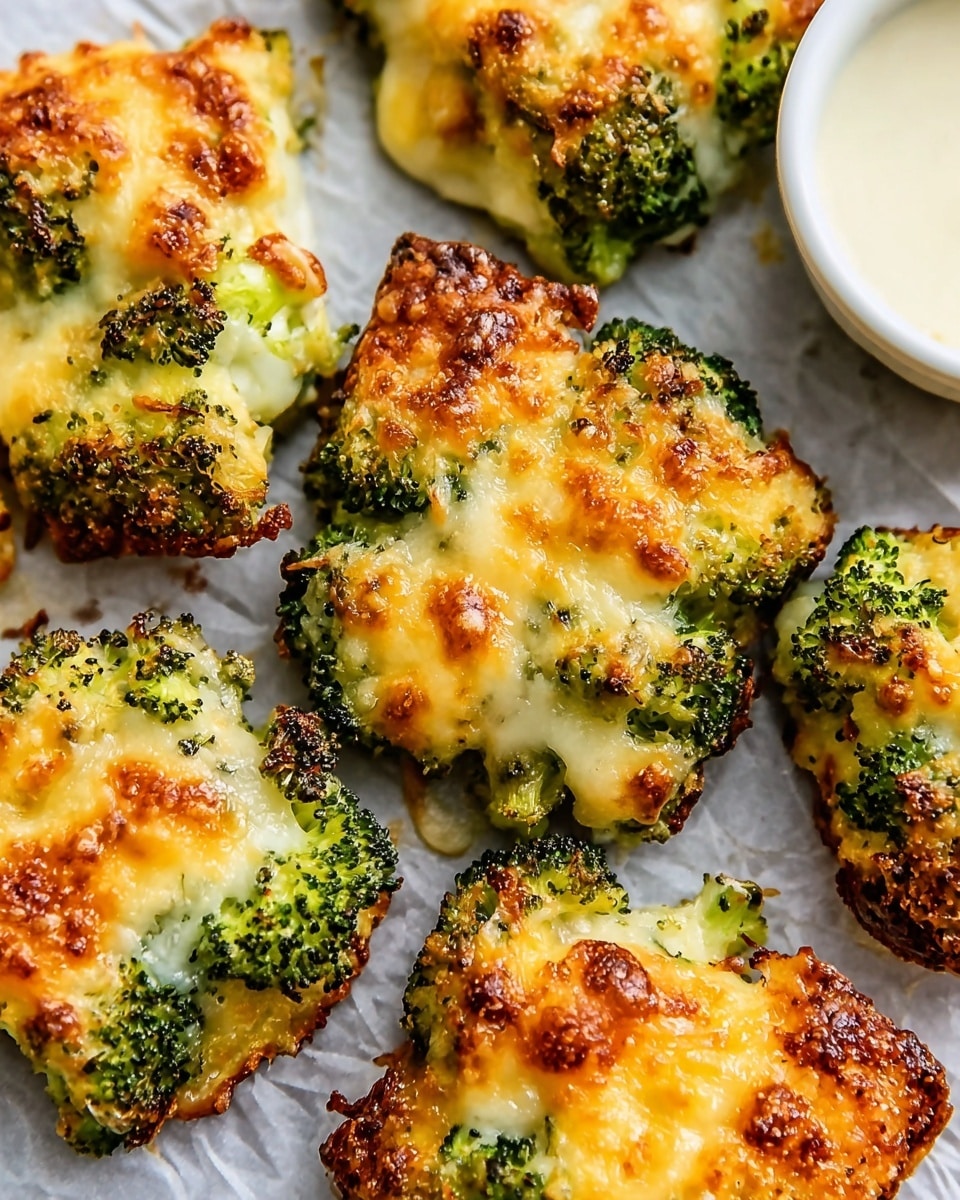 The image shows several pieces of baked broccoli topped with melted golden-brown cheese, arranged closely on white parchment paper. Each piece has a base of green broccoli florets, covered unevenly with a crispy, bubbly cheese layer that ranges from light yellow to darker toasted brown spots. The texture of the cheese layer is crunchy and slightly rough, contrasting with the softer, bright green broccoli beneath. The white marbled surface is faintly visible around the edges of the parchment paper. photo taken with an iphone --ar 4:5 --v 7