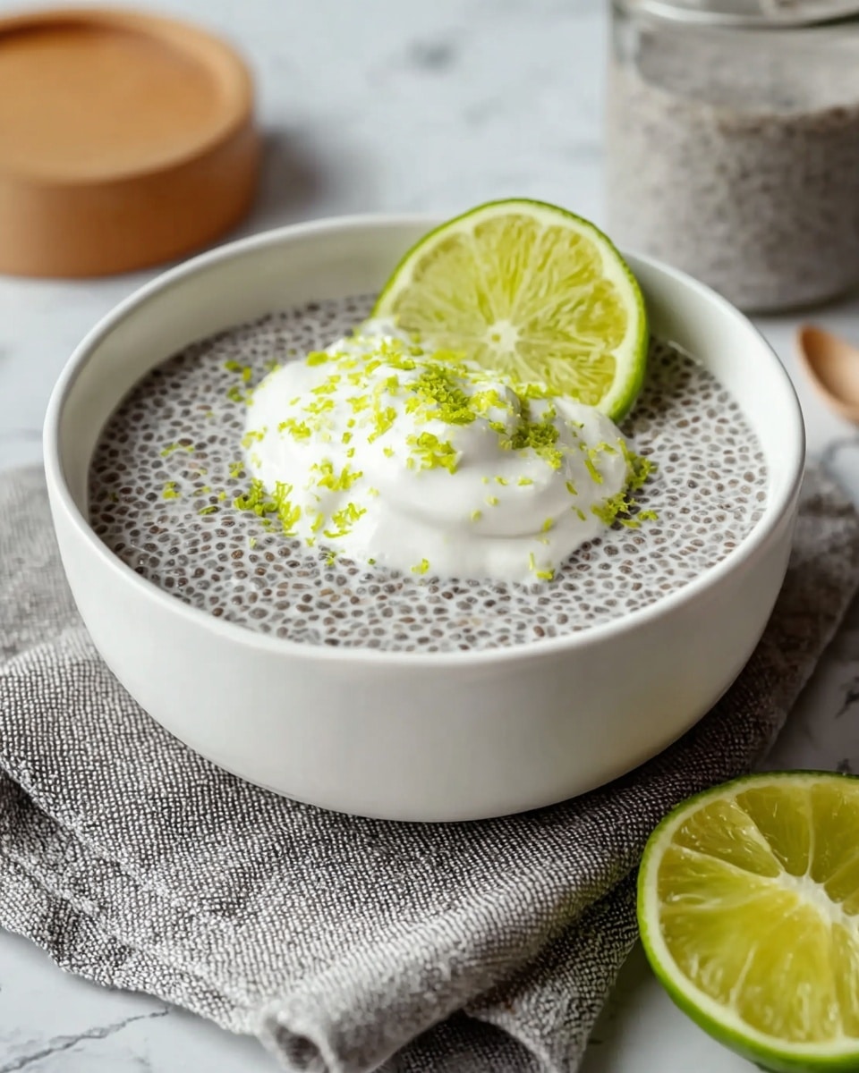 A white bowl filled with a gray chia pudding that has tiny black chia seeds spread evenly throughout. On top, there is a dollop of white cream placed slightly off-center, sprinkled with small bright green lime zest pieces. A slice of lime with a green skin and juicy, light green flesh is resting against the cream on one side of the bowl. The bowl is set on a textured gray cloth, with a half lime placed on the white marbled surface nearby. The background also shows a jar of chia pudding and a wooden lid slightly out of focus. Photo taken with an iphone --ar 4:5 --v 7