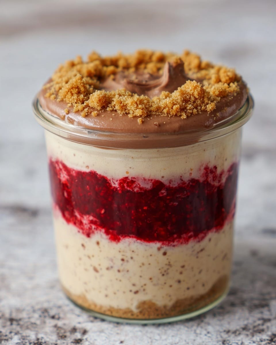 A clear glass jar shows a three-layer dessert against a white marbled texture. The bottom layer is a creamy beige with small brown specks, smooth and thick. The middle layer is a bright, vibrant red jam filling that is slightly chunky and uneven. The top layer is a soft milk chocolate cream with a smooth texture, decorated around the edges with crumbly golden brown crumbs. Photo taken with an iphone --ar 4:5 --v 7