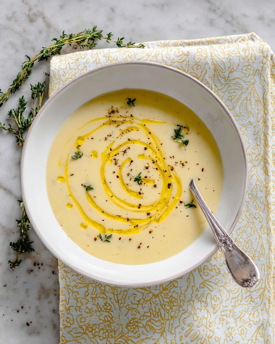 A white bowl holds a creamy pale yellow soup with a smooth texture, placed on a white plate. The soup has a drizzle of golden olive oil forming a spiral pattern on top. Small green thyme leaves and specks of black pepper are scattered across the surface, adding color contrast and texture. A silver spoon rests inside the bowl on the right side. The bowl sits on a folded patterned cloth with light yellow and beige designs. Sprigs of fresh thyme lay beside the bowl on a white marbled surface. Photo taken with an iphone --ar 4:5 --v 7