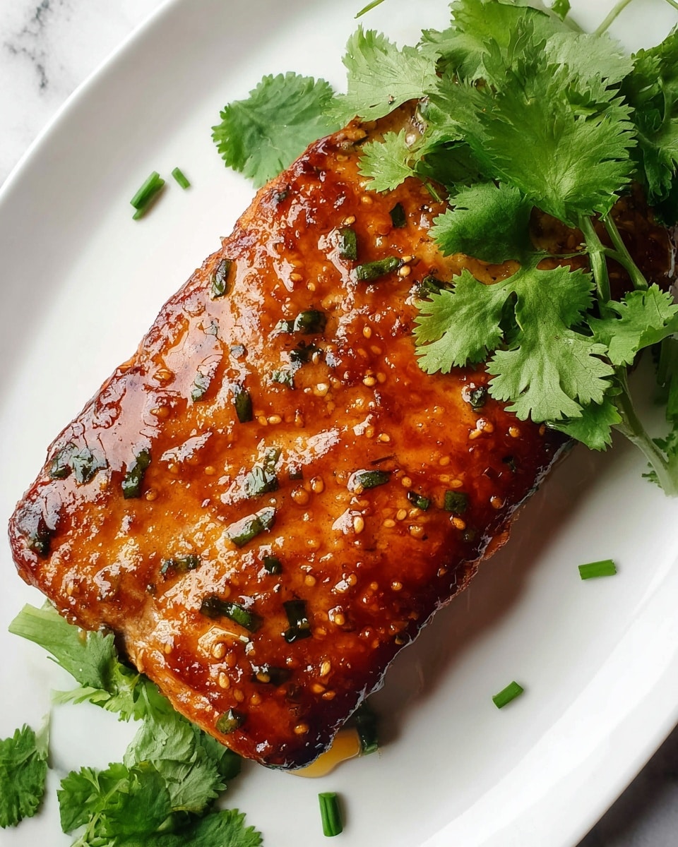 A rectangular piece of cooked fish covered with a thick, shiny, golden-brown glaze with visible herbs and small seeds sits on a white plate. Fresh green cilantro leaves are placed on the right side of the fish, with some scattered around the plate edges. The surface beneath is a white marbled texture. Photo taken with an iphone --ar 4:5 --v 7